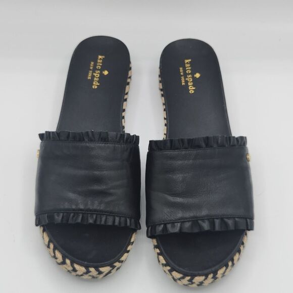 Kate Spade New York Women's Zahara Black Leather Ruffle Slide Sandal - Picture 2 of 10